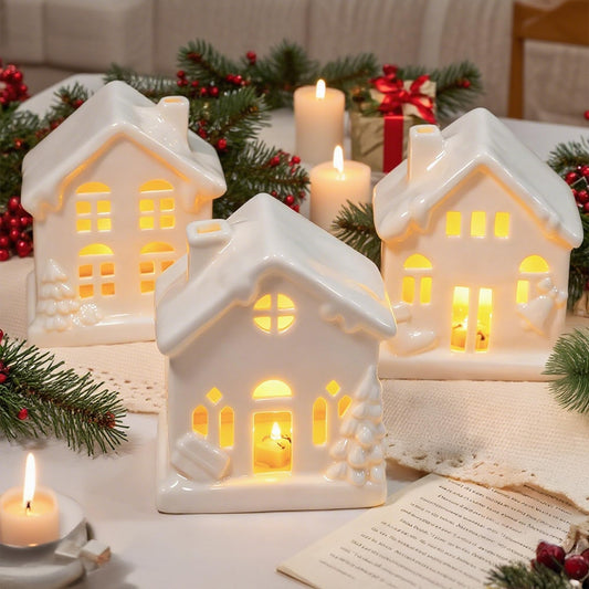 NEROSUN Ceramic Christmas Village Houses, 3Pcs LED Lighted Porcelain White Small House Tabletop Figurines, Light Up Christmas Decorations for Home Shelf Cabinet Table Winter Decor