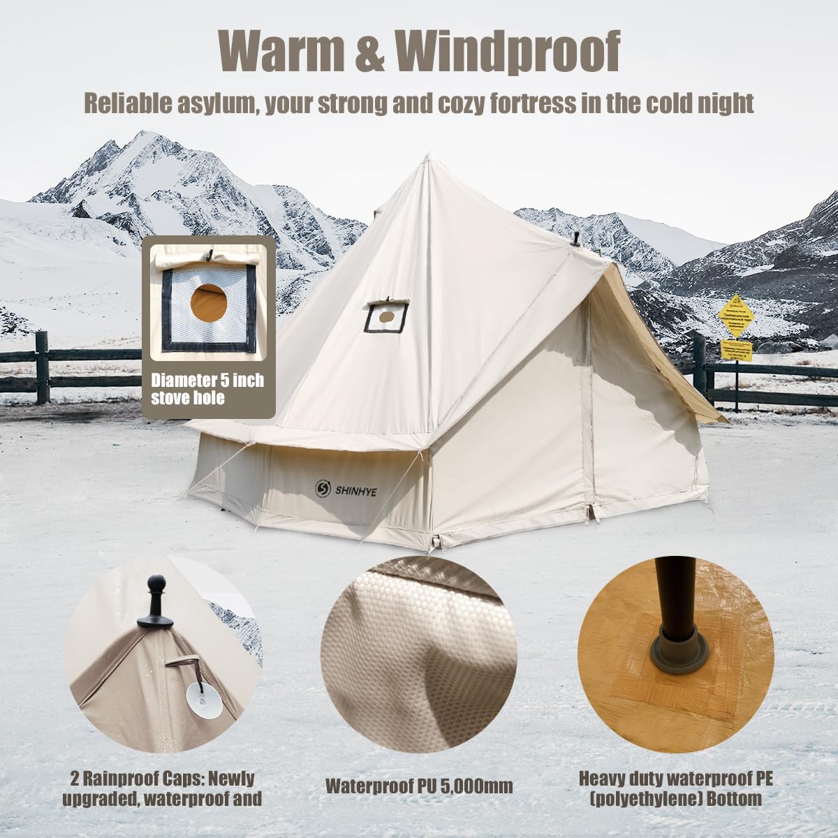 Beige tent with snow-covered mountains in the background, featuring text about warmth, windproofness, and durability.