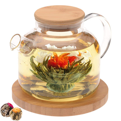 Teabloom Stovetop Safe Glass Teapot with Bamboo Lid (40oz/1200ml) + Loose Leaf Tea Filter Spout + 2 Blooming Teas + Large Bamboo Trivet - Natural Flowering Tea Gift Set