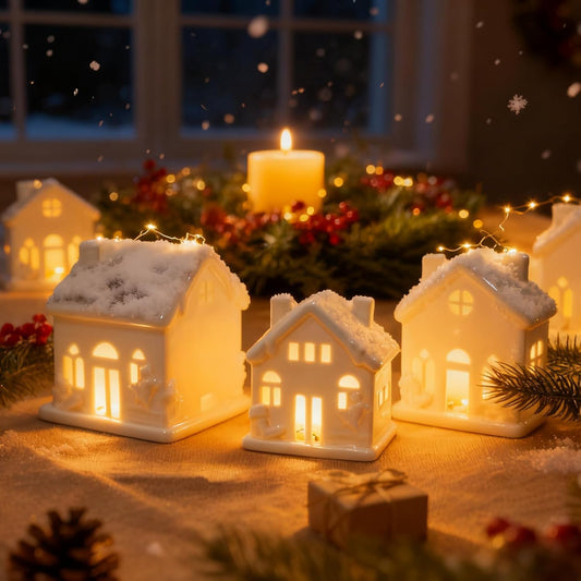NEROSUN Ceramic Christmas Village Houses, 3Pcs LED Lighted Porcelain White Small House Tabletop Figurines, Light Up Christmas Decorations for Home Shelf Cabinet Table Winter Decor