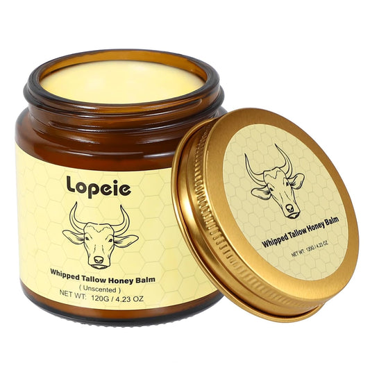 Lopeie whipped tallow honey balm jar with gold lid on a white background