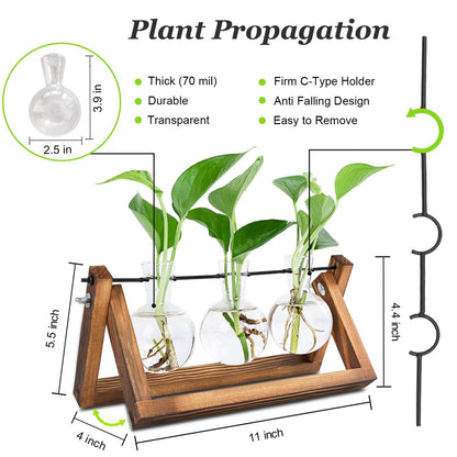 Renmxj Plant Propagation Station, Plant Terrarium with Wooden Stand, Unique Gardening Birthday Gifts for Women Plant Lovers, Home Office Garden Decor Planter - 3 Bulb Glass Vases