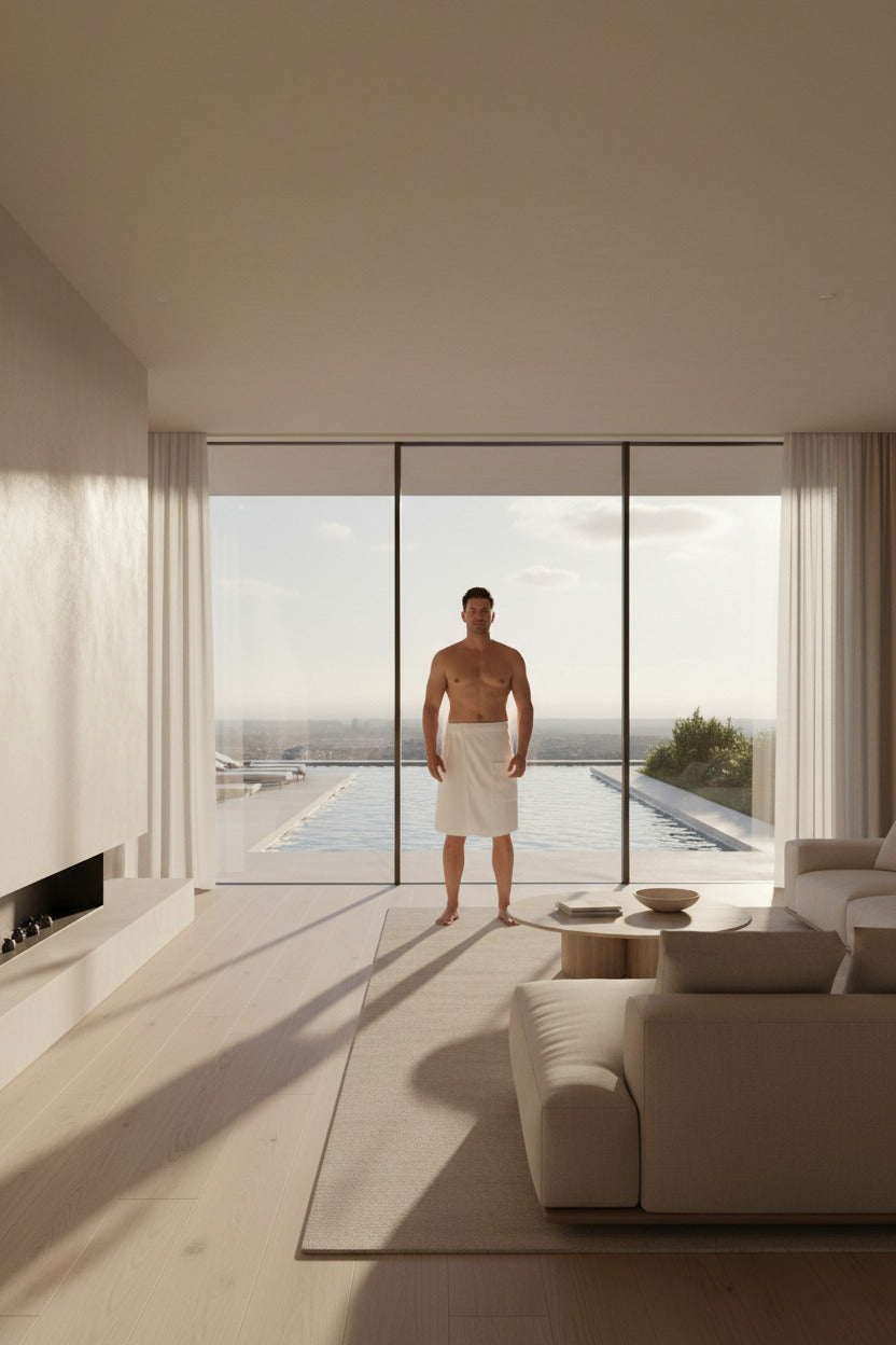 White towel skirt worn by a person on a white background