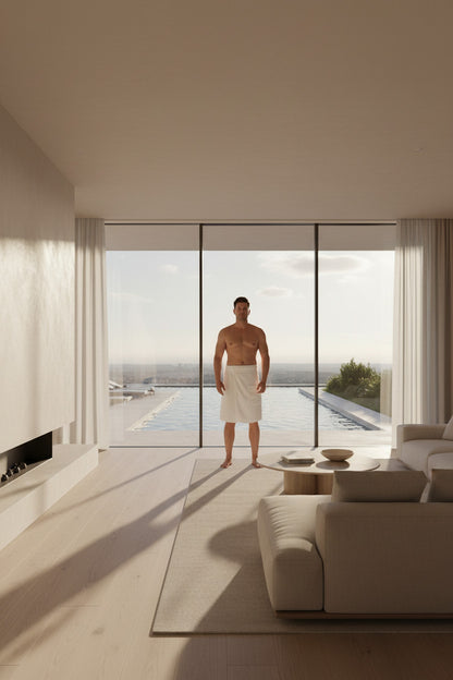 White towel skirt worn by a person on a white background