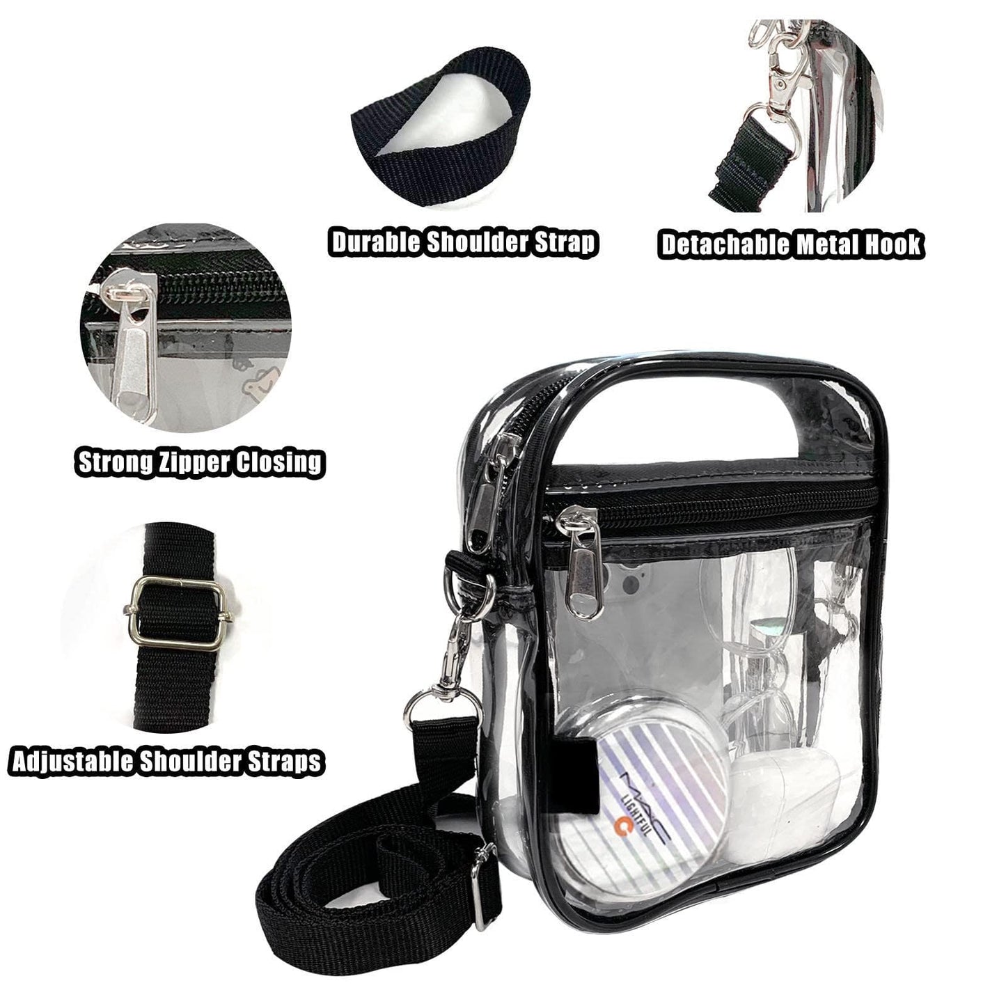 Fibrdoo Clear Bag: Black, 0.6mm thick waterproof PVC, stadium-approved (12x6x12"), adjustable strap (25-55"), hands-free, compact & secure.