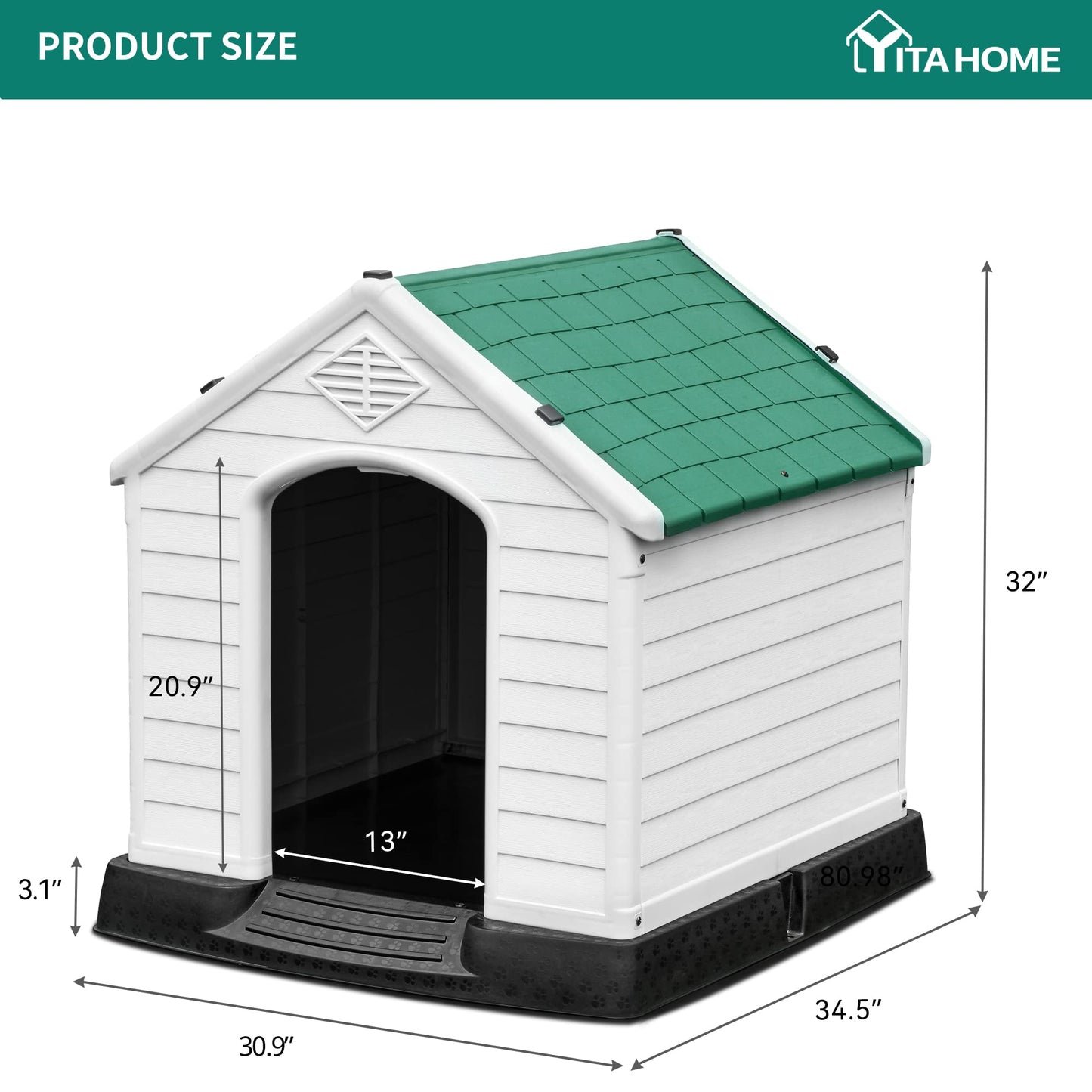 YITAHOME 34.5'' Large Plastic Dog House Outdoor Indoor Doghouse Puppy Shelter Water Resistant Easy Assembly Sturdy Dog Kennel with Air Vents and Elevated Floor (34.5''L*30.9''W*32''H, Green)