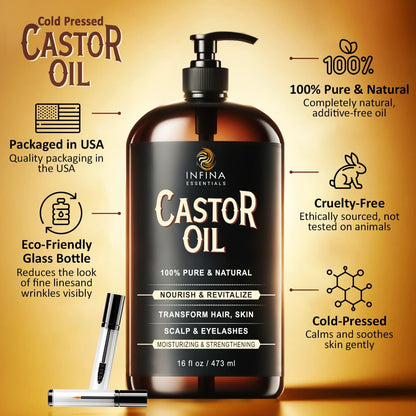 INFINA ESSENTIALS Pure Cold Pressed Castor Oil - Hexane Free, Glass Bottle 16 oz