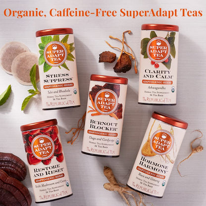 The Republic of Tea - Restore and Reset SuperAdapt Herbal Tea, 36 Tea Bags, Organic, Caffeine Free, Reishi Mushroom and Cocoa Herbal Tea