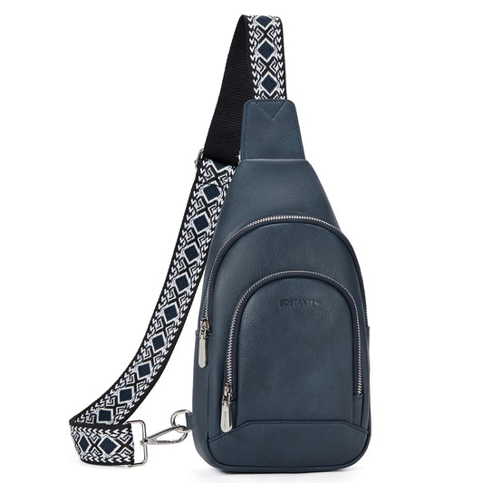 "Sponsored" Brand: BOSTANTEN Color: A-deep Blue Large Capacity, Stay Organized - This leather sling bag has 4 Zip pockets. The well-organized space accommodates your wallet, phone, sunscreen, cosmetics, keys, cards, and other necessary items. The five car