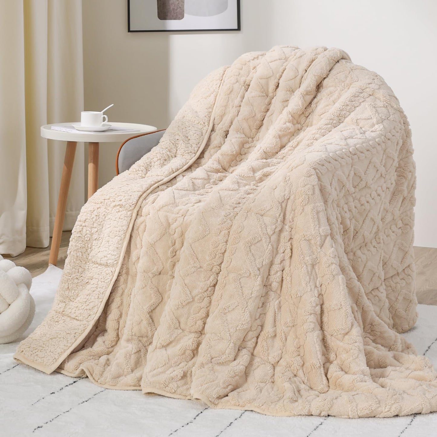 Weighted Blanket | Queen Size 15 lbs | Sherpa & Jacquard Beige
