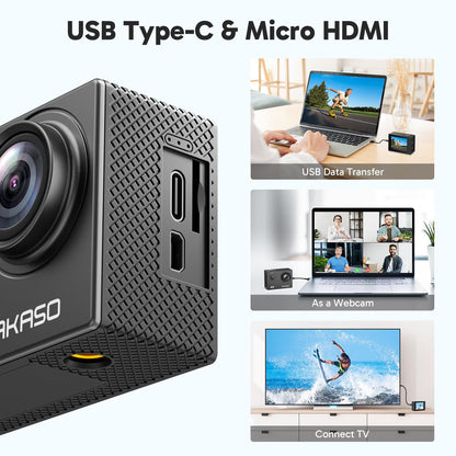 AKASO 4K Ultra HD Action Camera in Black: 4K30FPS video, 20MP photos, EIS for smooth stabilization, waterproof up to 131FT, and WiFi connectivity.