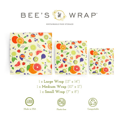 "Commission eligible" Brand: Bee's Wrap Color: Fresh Fruit Features: ECO FRIENDLY REUSABLE FOOD WRAPS are here to eliminate single-use plastic wrap from your kitchen. The green alternative to plastic food storage, our beeswax food wraps keep your food fre