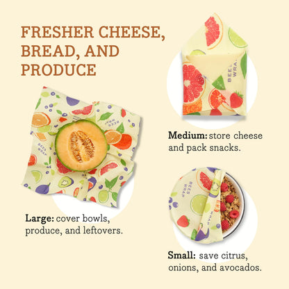 "Commission eligible" Brand: Bee's Wrap Color: Fresh Fruit Features: ECO FRIENDLY REUSABLE FOOD WRAPS are here to eliminate single-use plastic wrap from your kitchen. The green alternative to plastic food storage, our beeswax food wraps keep your food fre