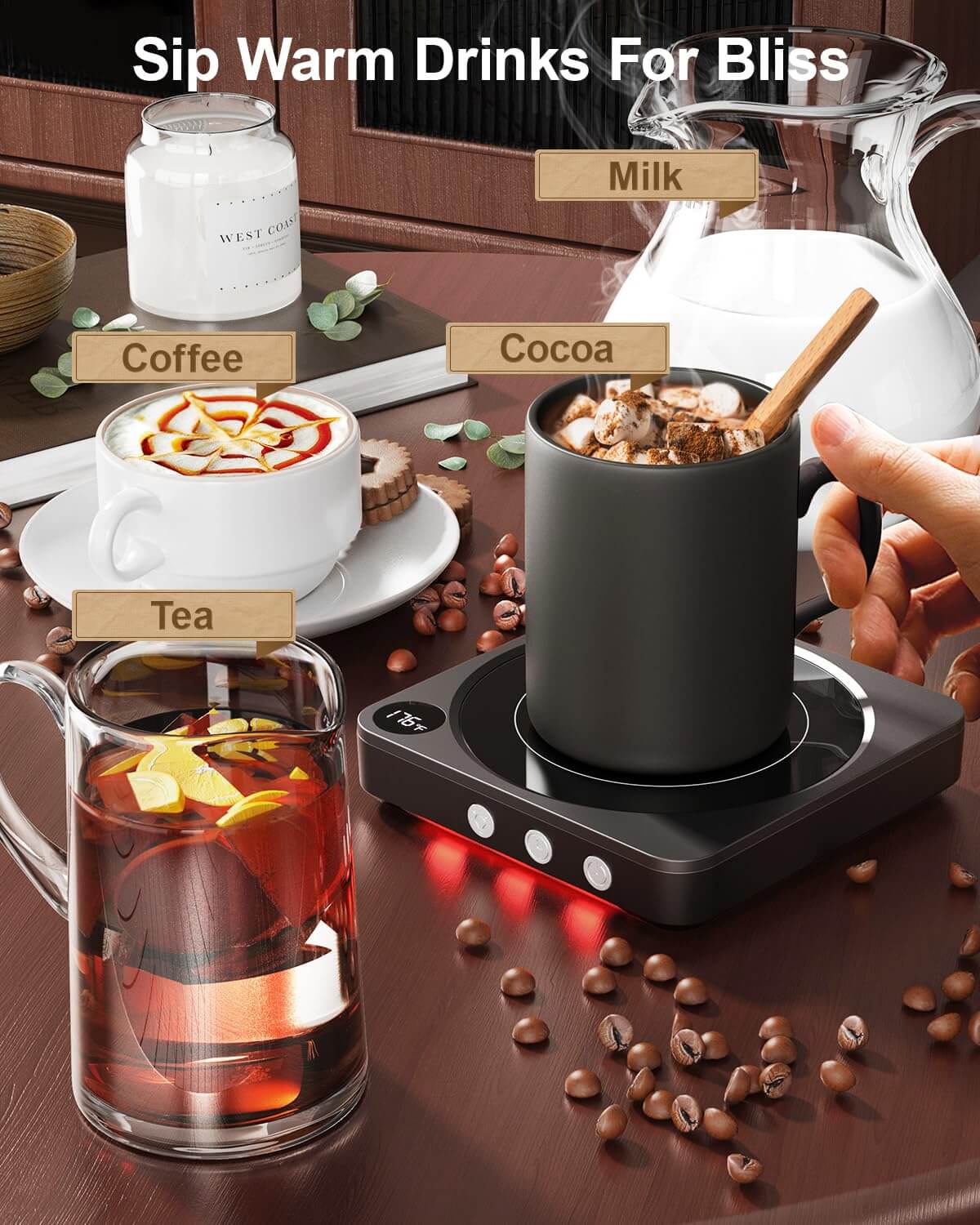 Mug Warmer - 36W Coffee Mug Warmer for Desk with Temperature Display, 2-12Hrs Auto Shut Off, Smart Candle Warmer - Ideal Coffee Gifts Accessories Keep Beverages Coffee Warmer (Black) in use with various drinks.