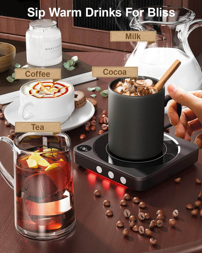 Mug Warmer - 36W Coffee Mug Warmer for Desk with Temperature Display, 2-12Hrs Auto Shut Off, Smart Candle Warmer - Ideal Coffee Gifts Accessories Keep Beverages Coffee Warmer (Black) in use with various drinks.