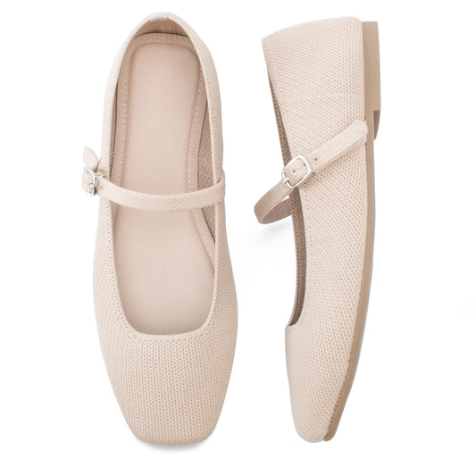Soesyi Knit Flats for Women Square Toe Flats Casual Ballet Flats with Ankle Strap,Mary Jane Shoes Women Comfortable for Dressy Office,Size 09,Almond