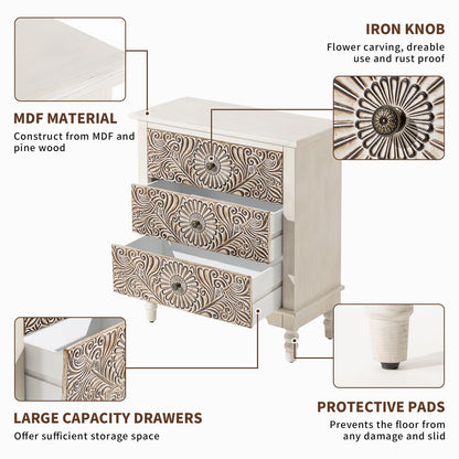 COSIEST 3 Drawers Accent Dresser, Vintage Small Accent Chest with 4 Wood Legs, Free-Standing Buffet Server Nightstand End Table for Bedroom, Living Room, Entryway