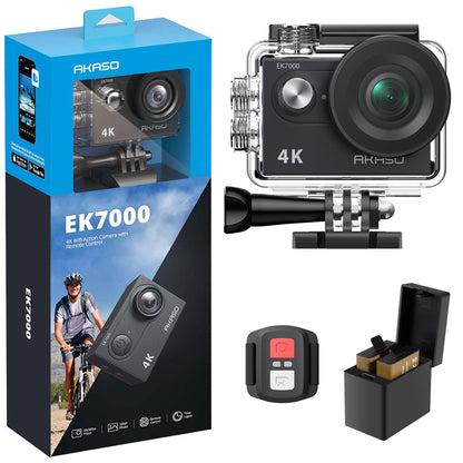 AKASO 4K Ultra HD Action Camera in Black: 4K30FPS video, 20MP photos, EIS for smooth stabilization, waterproof up to 131FT, and WiFi connectivity.