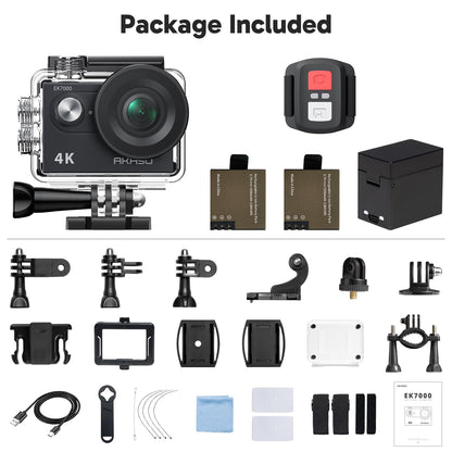 AKASO 4K Ultra HD Action Camera in Black: 4K30FPS video, 20MP photos, EIS for smooth stabilization, waterproof up to 131FT, and WiFi connectivity.