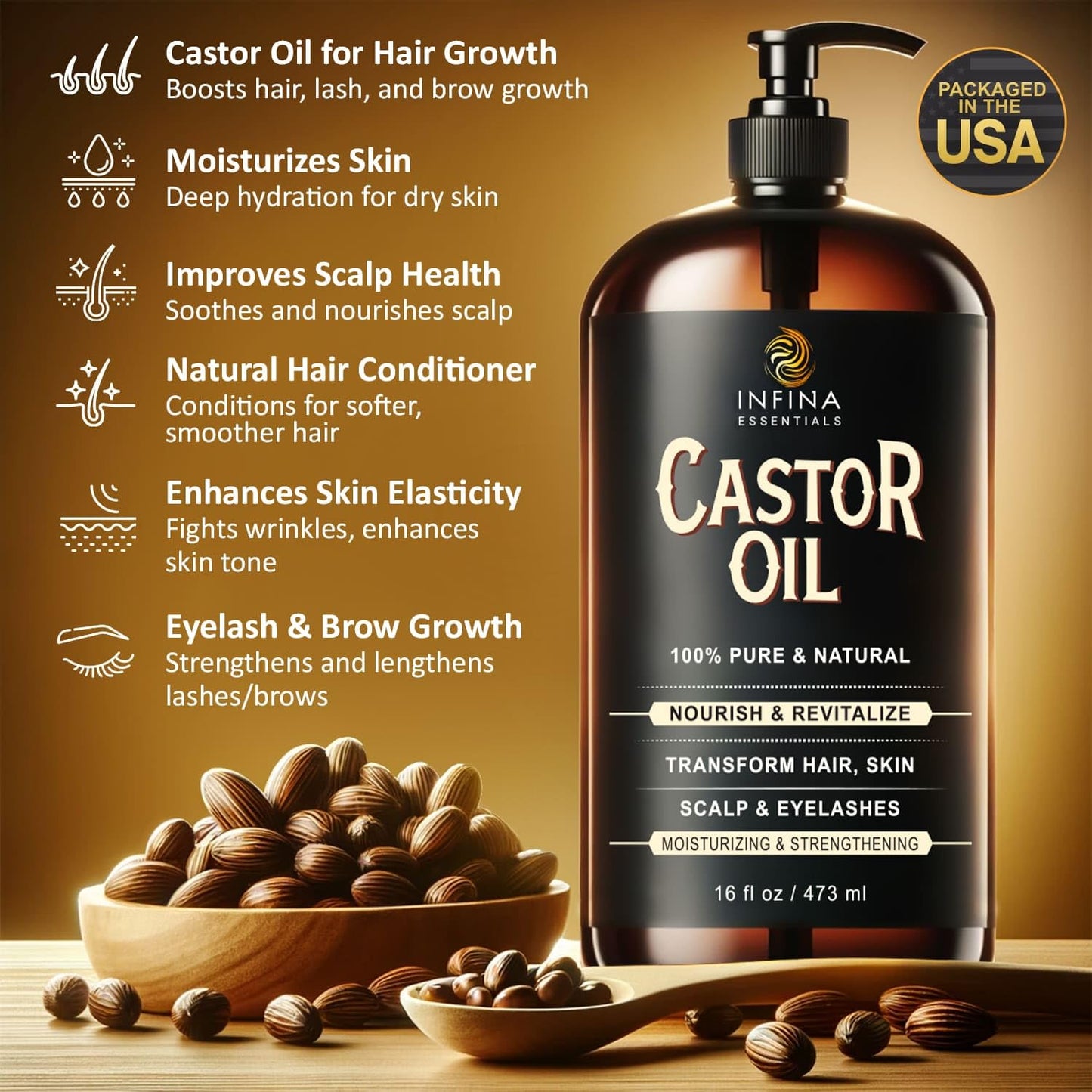 INFINA ESSENTIALS Pure Cold Pressed Castor Oil - Hexane Free, Glass Bottle 16 oz