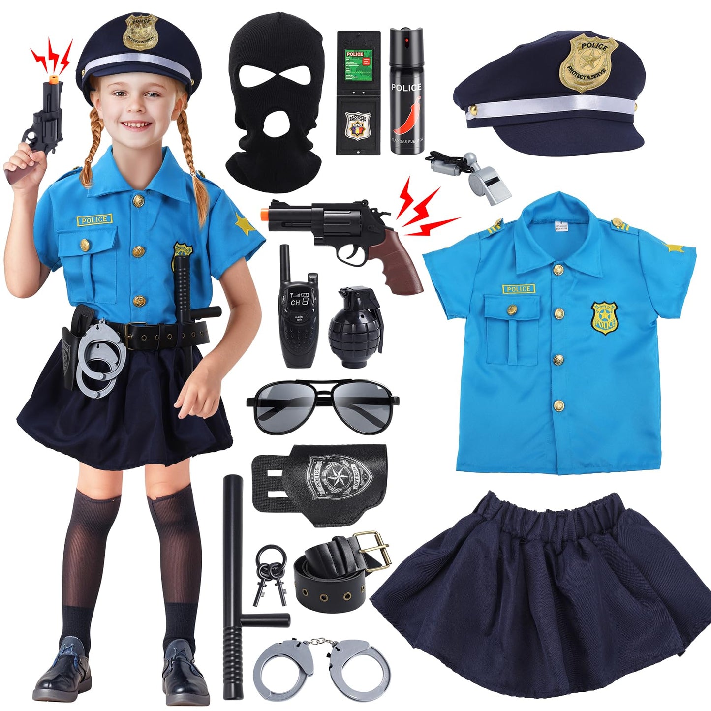 Skirfy 15PCS Halloween Costumes for Girls,Police Costume for Kids Girls,Kids Police Officer Costume