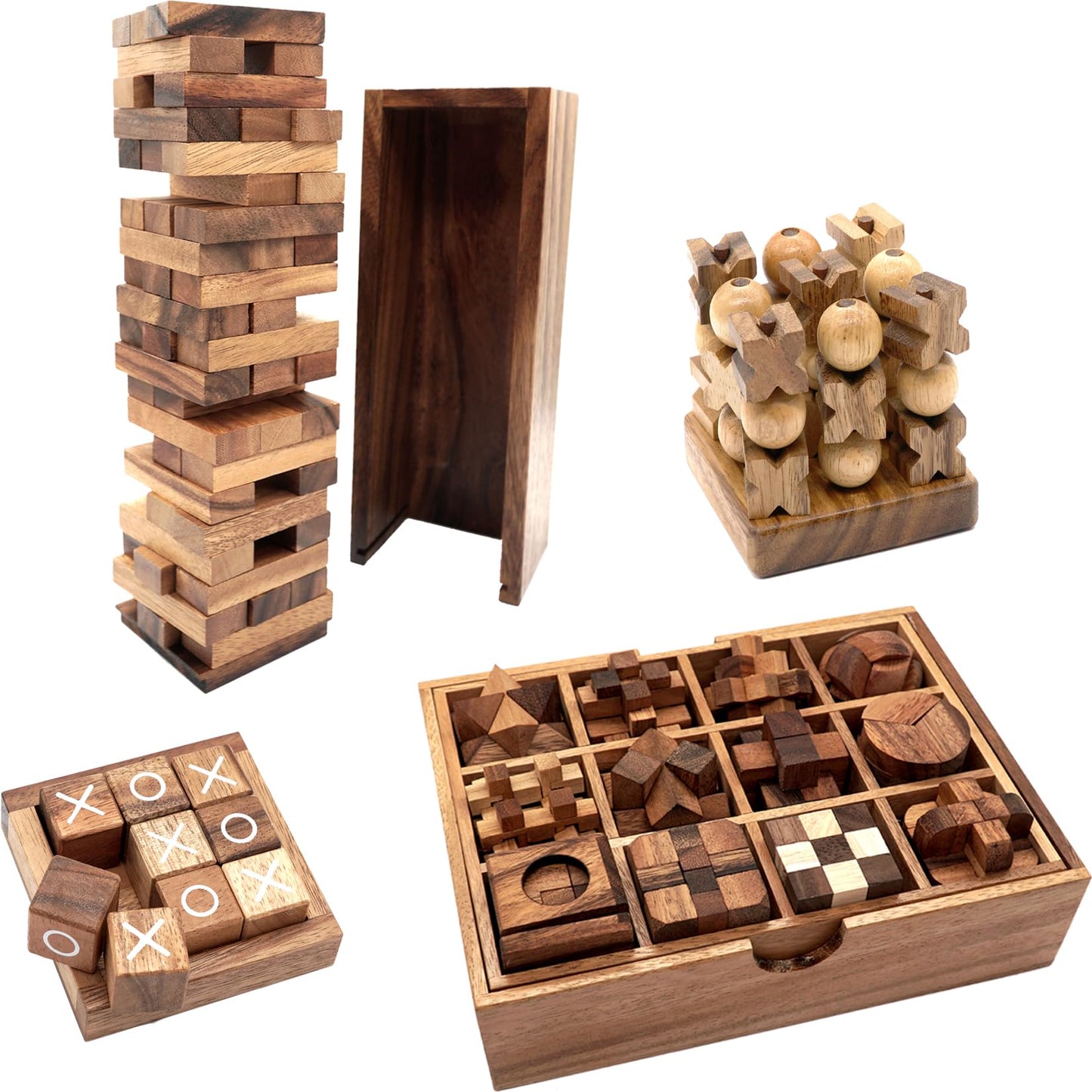 Details: BSIRI Ultimate Fun Games Set features a diverse array of wooden games and puzzles designed to amplify fun-filled moments for all ages. 1. BSIRI Wooden Puzzle Box Set (12 Games): Immerse yourself in brain-teasing challenges and 3D puzzles suitable