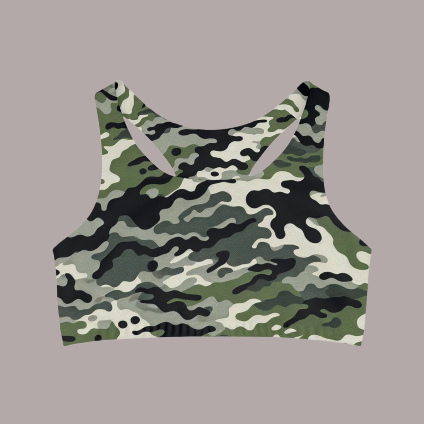 A camouflage sports bra designed for comfort and style. Perfect for the gym, training, or everyday wear, this medium support sports bra is made from a moisture-wicking, stretchy fabric that moves with you. Soft to the touch and seamless for added comfort.