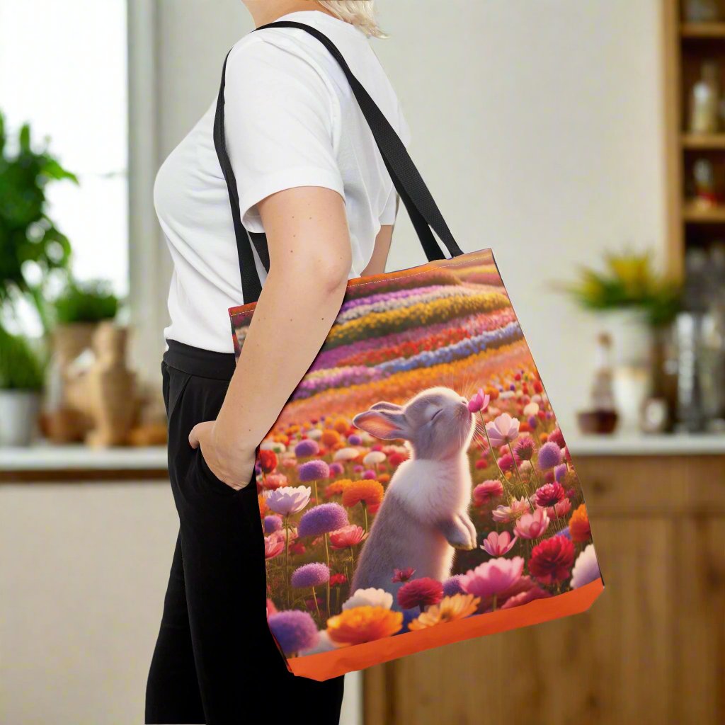 This Tote Bag features a cute design of a bunny smelling a flower in a field of flowers, giving off a whimsical and nature-loving vibe. Perfect for nature enthusiasts and animal lovers, this Tote Bag is great for everyday use for shopping, farmer's market