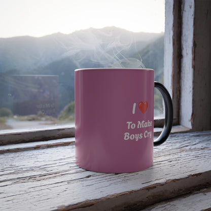 Fun and quirky color morphing mug with the saying "I Love to make boys cry", perfect for those with a sense of humor. This mug is heat-sensitive and reveals the design when filled with a hot drink, adding a magical touch to your morning routine. Ideal for