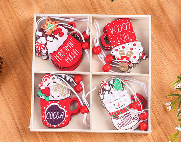 Indulge in the charming holiday spirit with these exquisite 12-piece wooden Christmas ornaments. Each set features a gingerbread man, gingerbread lady, and a hot chocolate box - perfect for adding a touch of sweetness to your holiday decor.