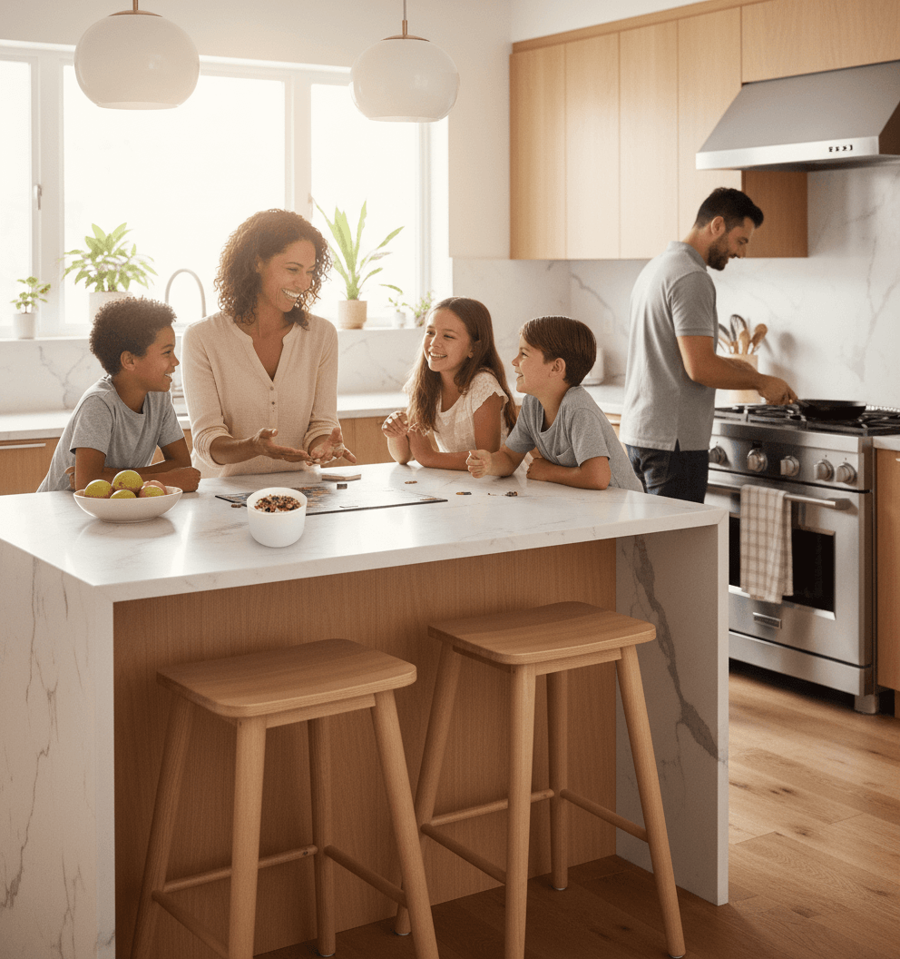 Mood Enhancing Glass Candles in a cozy kitchen setting with family enjoying time together.