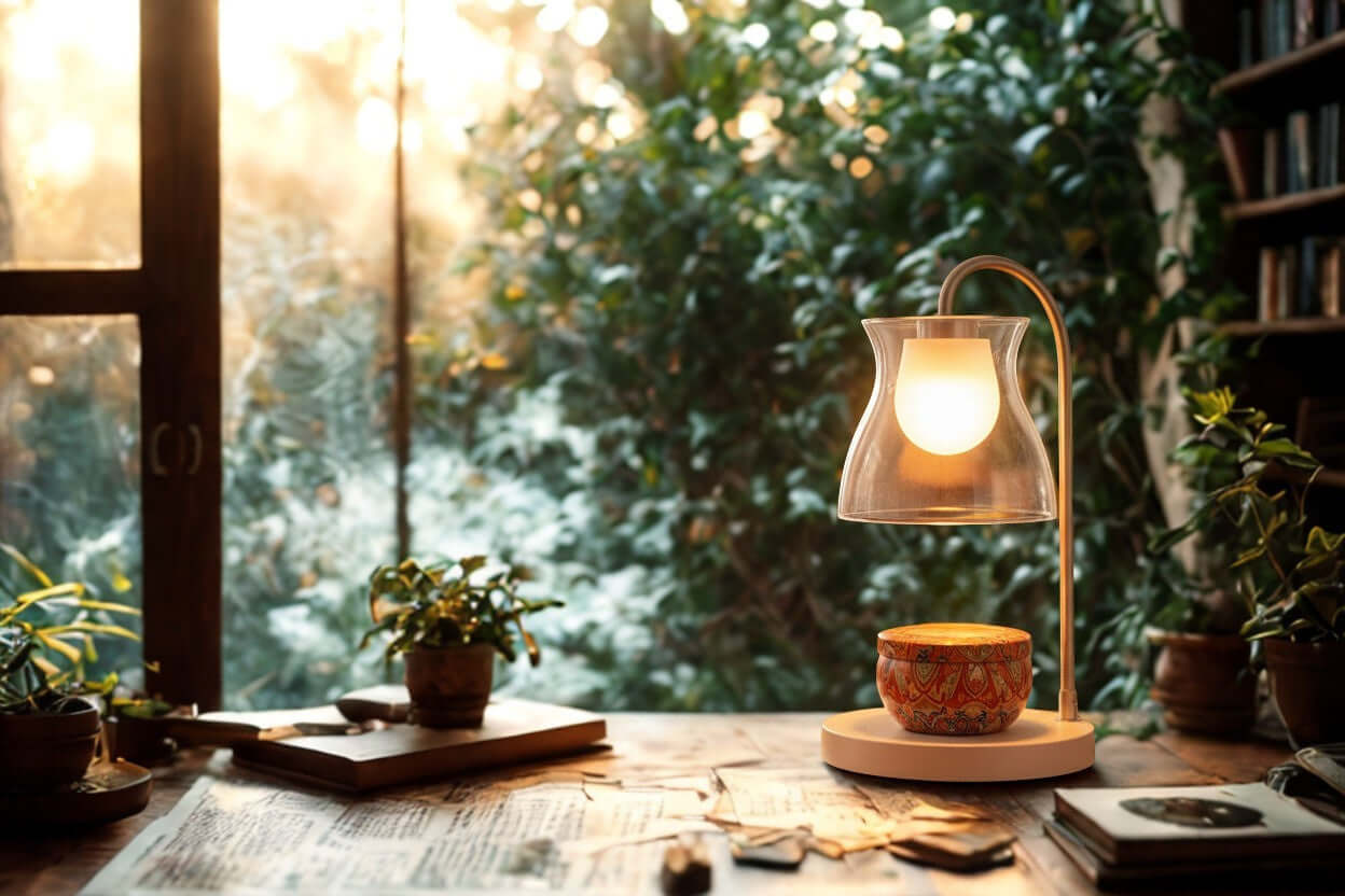 Wickless Candles - Celebrate Milestones on a wooden table next to a modern lamp and plants, creating a cozy atmosphere.