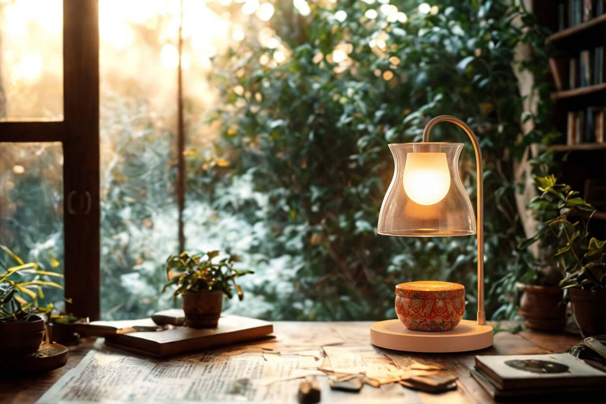 Wickless Candles - Celebrate Milestones on a wooden table next to a modern lamp and plants, creating a cozy atmosphere.