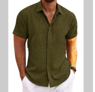 Men's linen short-sleeve t-shirt in green, relaxed fit with short sleeves and standing collar, perfect for warm weather.