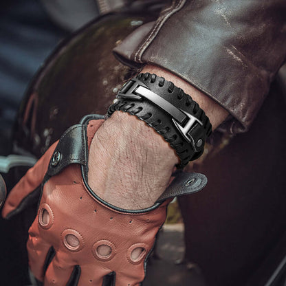 Genuine Leather Macrame Bracelet Braided For Men Jewelry Leather Punk Accessories PU Adjustable Bracelet worn on a hand.