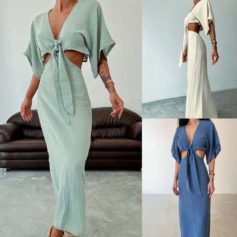 Women's Summer Time Maxi Dress in three colors featuring a V-neck, midriff cut, and stylish tie detail.