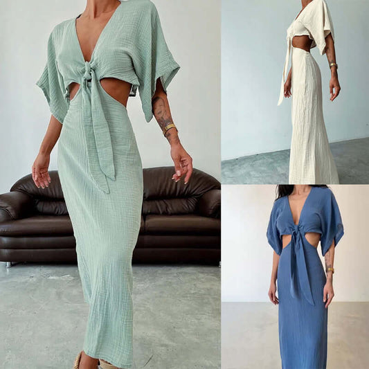 Women's Summer Time Maxi Dress in three colors featuring a V-neck, midriff cut, and stylish tie detail.