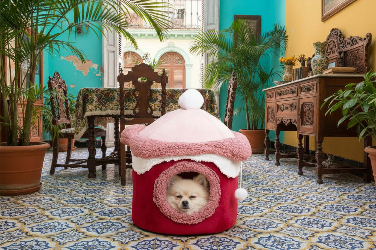 Cozy Ice Cream House Pet Bed with a small dog napping inside, featuring playful pink design in a colorful room.