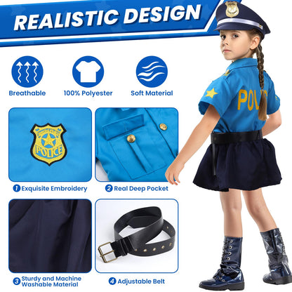 Skirfy 15PCS Halloween Costumes for Girls,Police Costume for Kids Girls,Kids Police Officer Costume