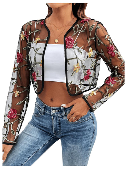 OYOANGLE Women's Floral Embroidered Open Front Crop Jackets Long Sleeve Mesh Summer Cardigan Tops Black Medium