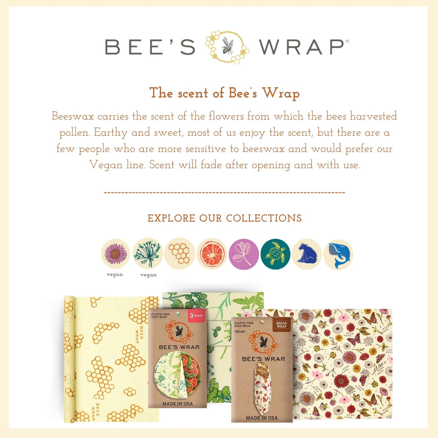 "Commission eligible" Brand: Bee's Wrap Color: Fresh Fruit Features: ECO FRIENDLY REUSABLE FOOD WRAPS are here to eliminate single-use plastic wrap from your kitchen. The green alternative to plastic food storage, our beeswax food wraps keep your food fre