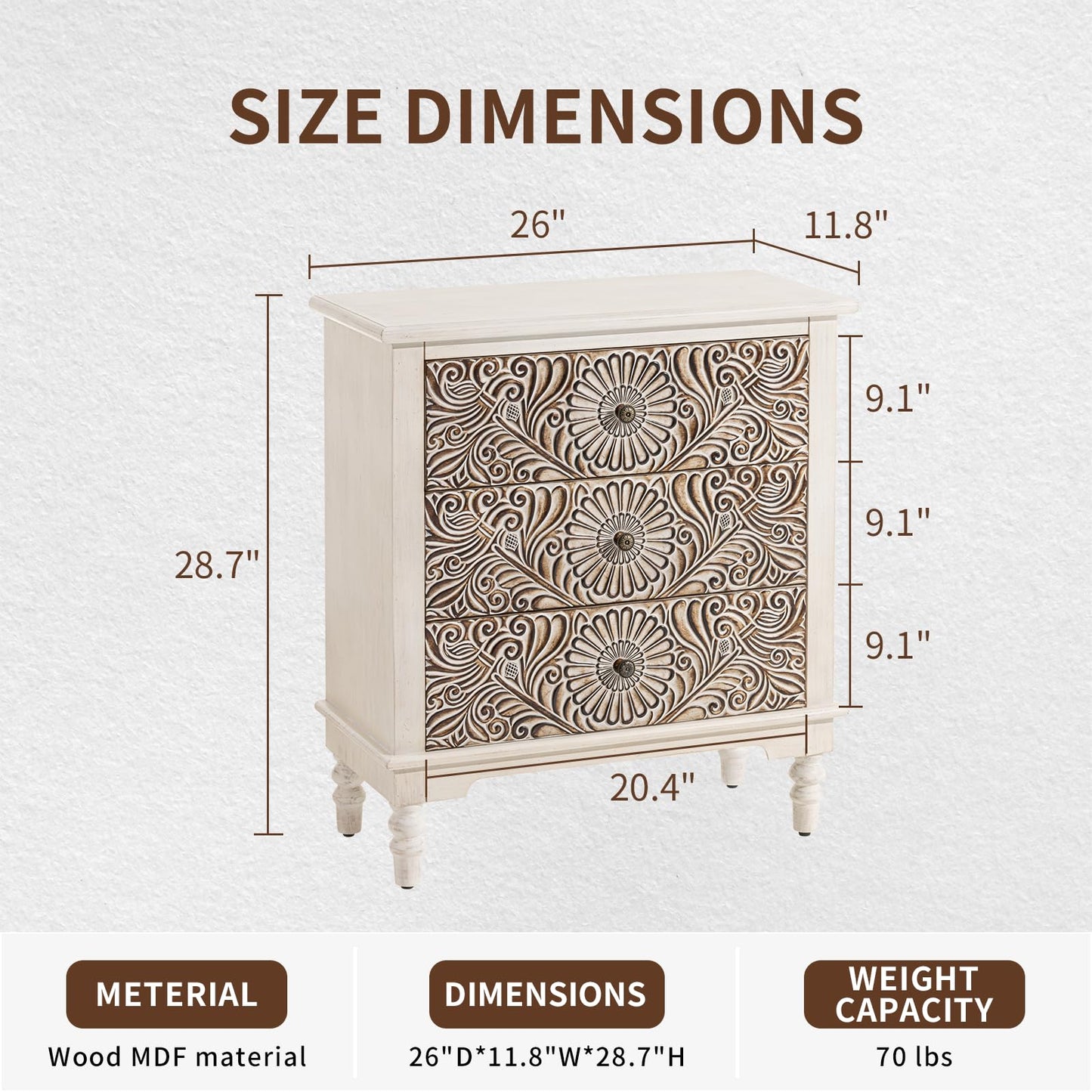 COSIEST 3 Drawers Accent Dresser, Vintage Small Accent Chest with 4 Wood Legs, Free-Standing Buffet Server Nightstand End Table for Bedroom, Living Room, Entryway