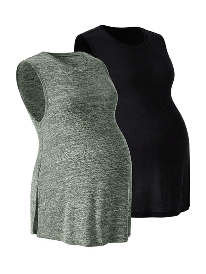 OYOANGLE Women's Maternity 2 Pack Piece Casual Sleeveless Sleep Shirts Split Hem T-Shirt Pregnancy Tank Top Green Black Large