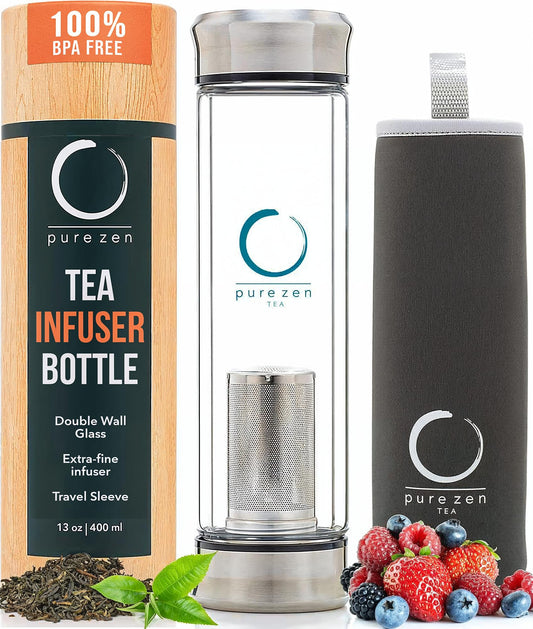 Pure Zen Tea Tumbler with Infuser - Double Wall Glass Travel Tea Mug with Stainless Steel Filter, Leakproof Tea Infuser Bottle for Loose Leaf Tea and Fruit Infused Water, Tea Gift Set - 13 Ounce