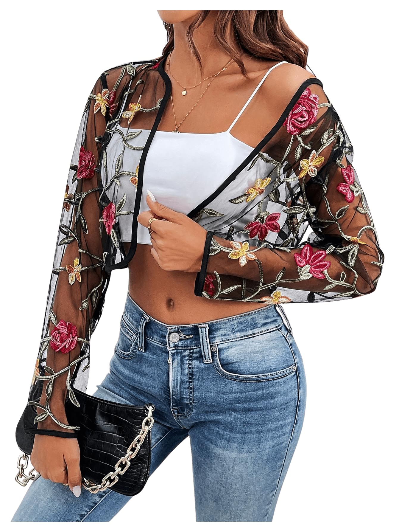 OYOANGLE Women's Floral Embroidered Open Front Crop Jackets Long Sleeve Mesh Summer Cardigan Tops Black Medium