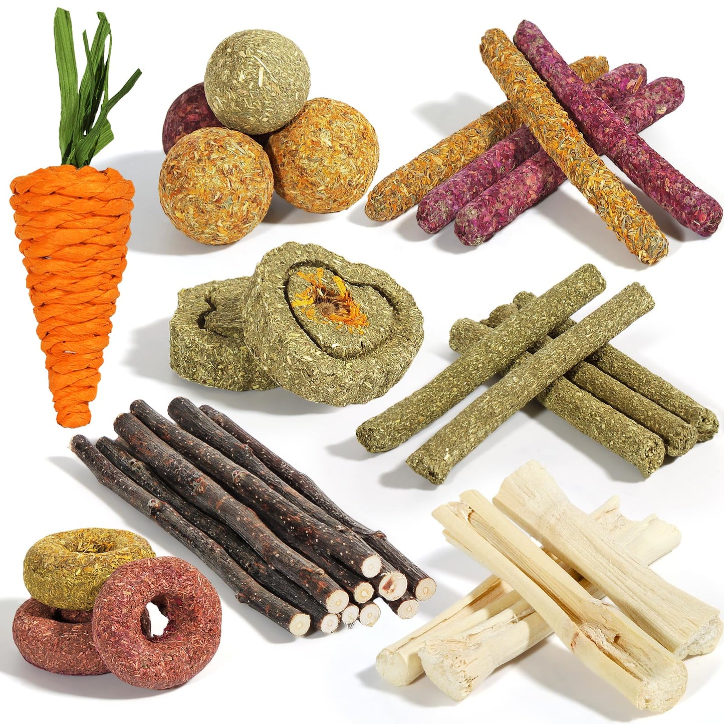 Brand: DBLPMFColor: greenFeatures: 34 PCS RABBIT TOYS : Product is made of natural materials, package contains Timothy hay balls *4, hay donuts *3, Timothy hay sticks *5, Timothy hay sticks with flowers*5, heart shaped hay cakes *2, braided carrots *1, sw