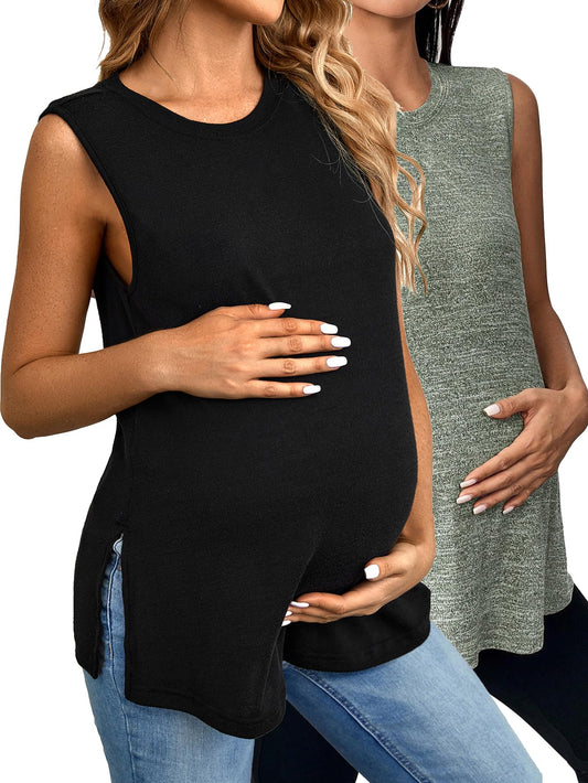 OYOANGLE Women's Maternity 2 Pack Piece Casual Sleeveless Sleep Shirts Split Hem T-Shirt Pregnancy Tank Top Green Black Large