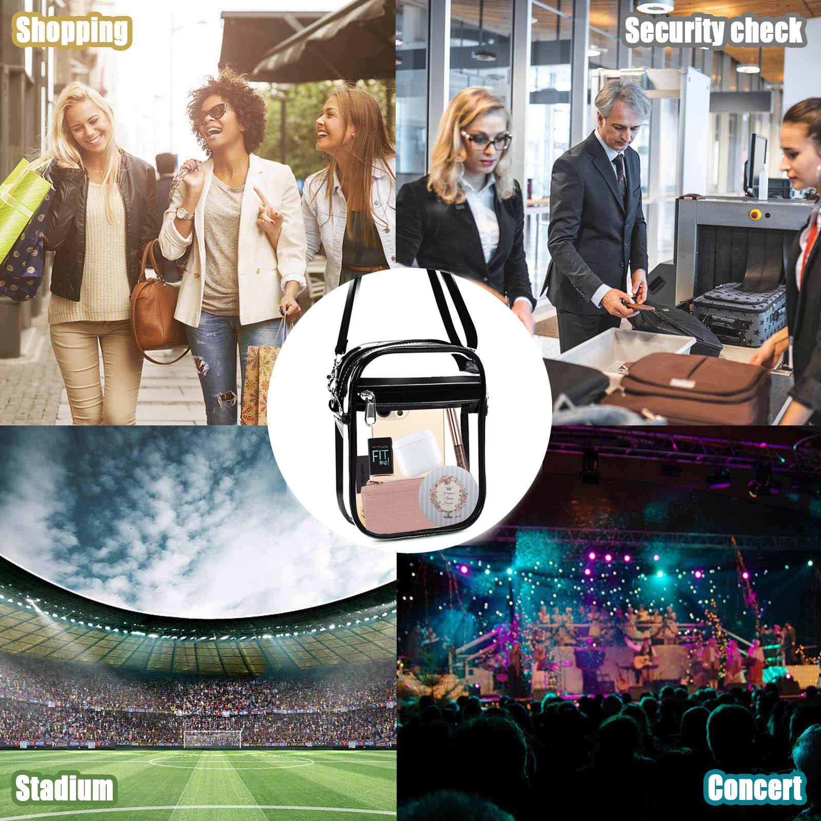 Fibrdoo Clear Bag: Black, 0.6mm thick waterproof PVC, stadium-approved (12x6x12"), adjustable strap (25-55"), hands-free, compact & secure.