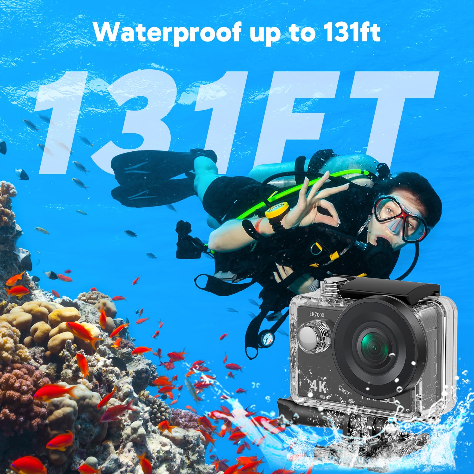 AKASO 4K Ultra HD Action Camera in Black: 4K30FPS video, 20MP photos, EIS for smooth stabilization, waterproof up to 131FT, and WiFi connectivity.