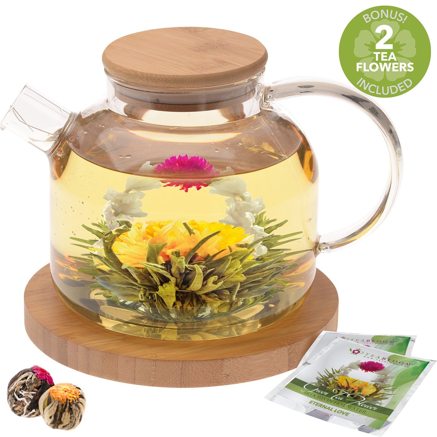 Teabloom Stovetop Safe Glass Teapot with Bamboo Lid (40oz/1200ml) + Loose Leaf Tea Filter Spout + 2 Blooming Teas + Large Bamboo Trivet - Natural Flowering Tea Gift Set